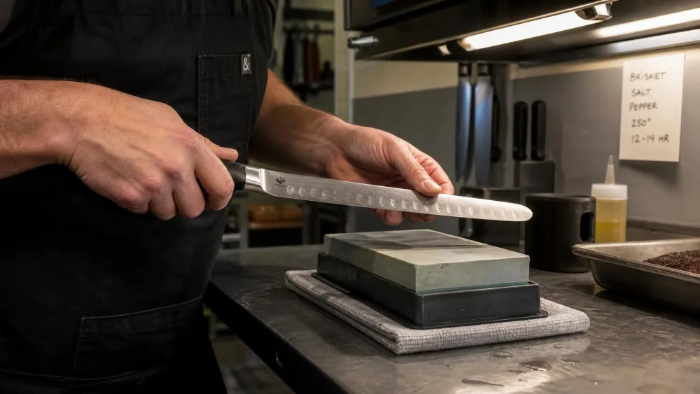 A test kitchen hand running a brisket slicer blade over a whetstone, checking the edge under a counter light.