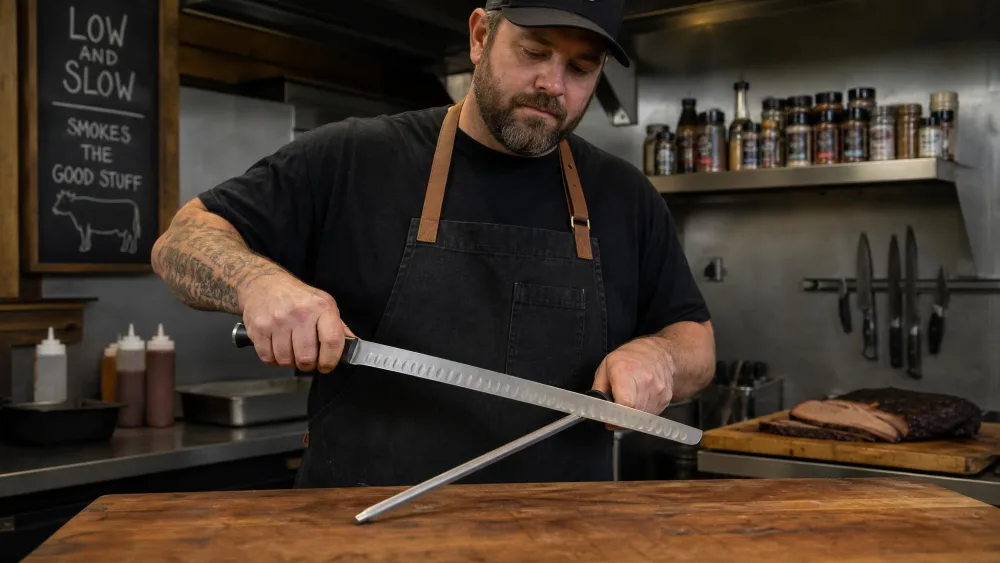 A cook honing a long brisket slicer on a steel at a shallow angle over a kitchen counter.