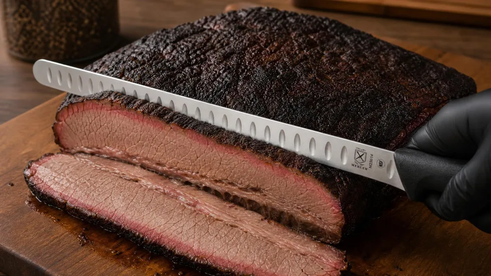 The Mercer Millennia 14-inch Granton slicer making one long clean stroke across a large smoked packer brisket.