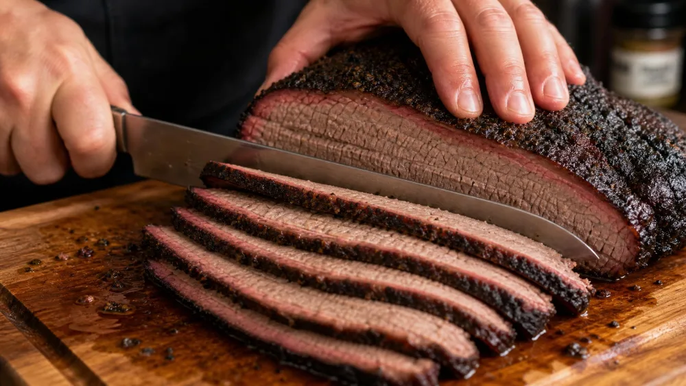 A hand slicing a smoked brisket flat against the grain, pencil-width slices falling onto a carving board.