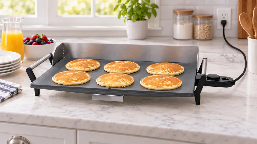 Broil King PCG-10 electric griddle on a counter with a row of pancakes cooking on the 21 x 12 inch surface and the stainless backsplash behind them