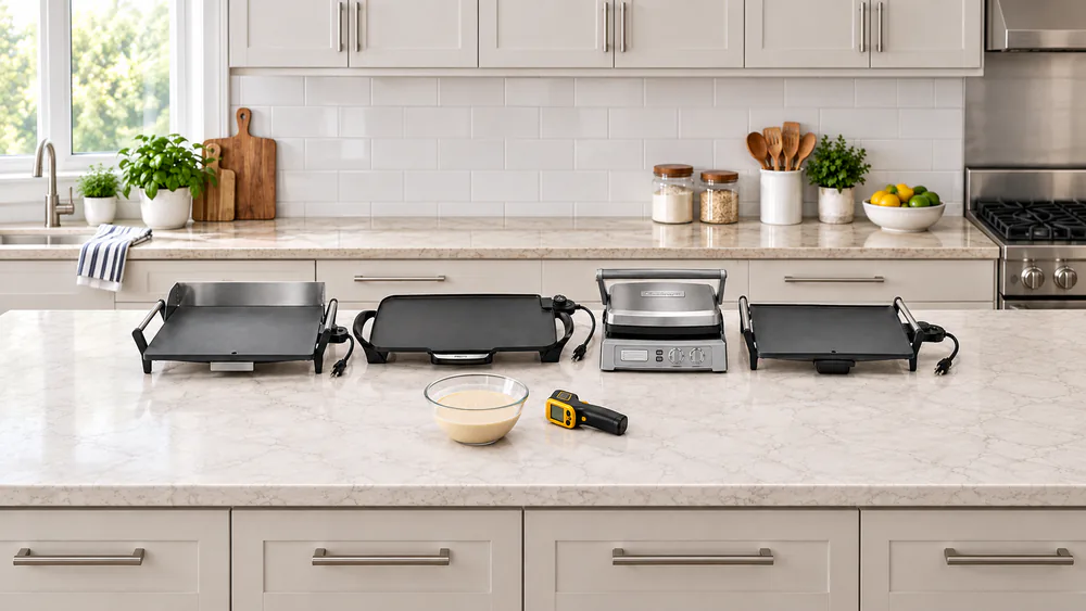 Four electric griddles side by side on a kitchen counter with an infrared thermometer and a bowl of pancake batter beside them