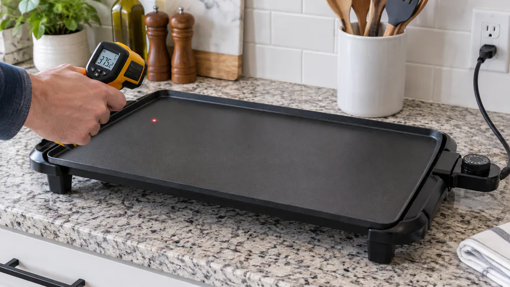 An infrared thermometer pointed at two corners of an empty electric griddle surface to compare heat from side to side
