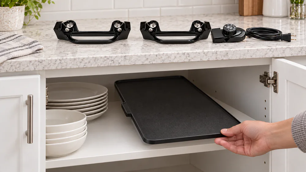 Presto 07061 electric griddle with its handles detached, sliding into a narrow kitchen cabinet next to a stack of plates