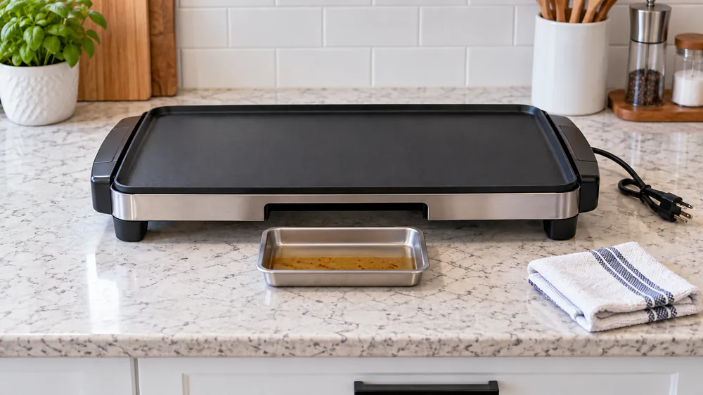 A removable stainless griddle drip tray pulled out and holding bacon grease beside a griddle with a clean wiped surface