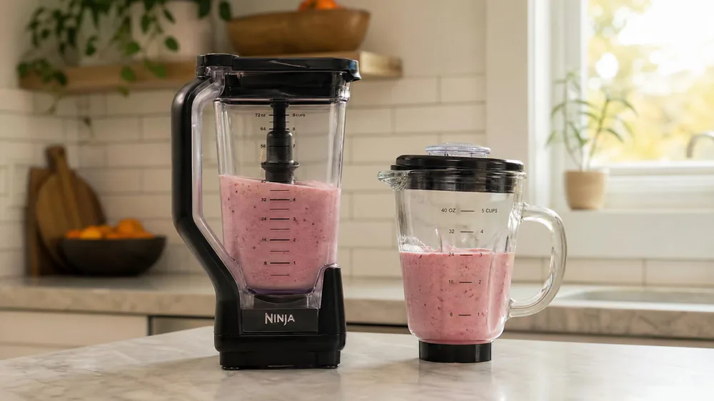 Two budget blender pitchers side by side on a counter, a 72-ounce Ninja pitcher next to a 40-ounce glass jar, showing the size range in this roundup.