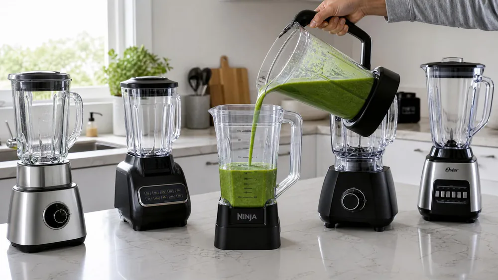 A kitchen counter with several budget blenders lined up during testing, one 72-ounce Ninja pitcher being filled with a green smoothie.