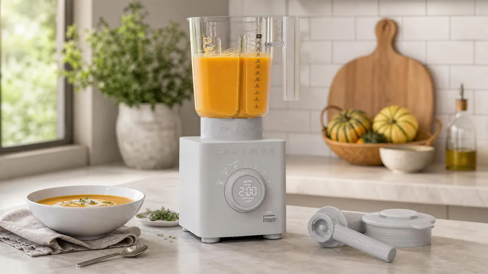 The Chefman Obliterator on a kitchen counter with its 48-ounce Tritan jar of blended orange soup, the lid cap removed.