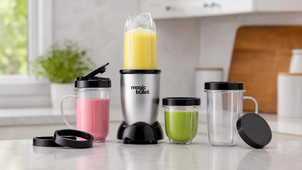 The Magic Bullet 11-piece set laid out on a kitchen counter: motor base, tall and short cups, party mug, and resealable lids.