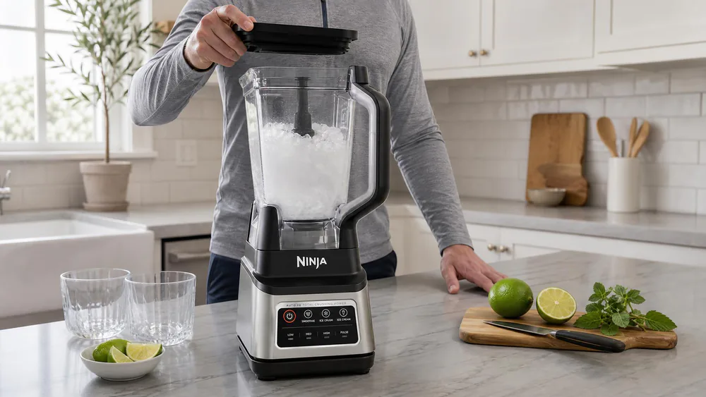 A hand holding the lid of the Ninja Professional Plus BN701 pitcher after an ice-crush run, snow-like crushed ice visible inside the 72-ounce jar.