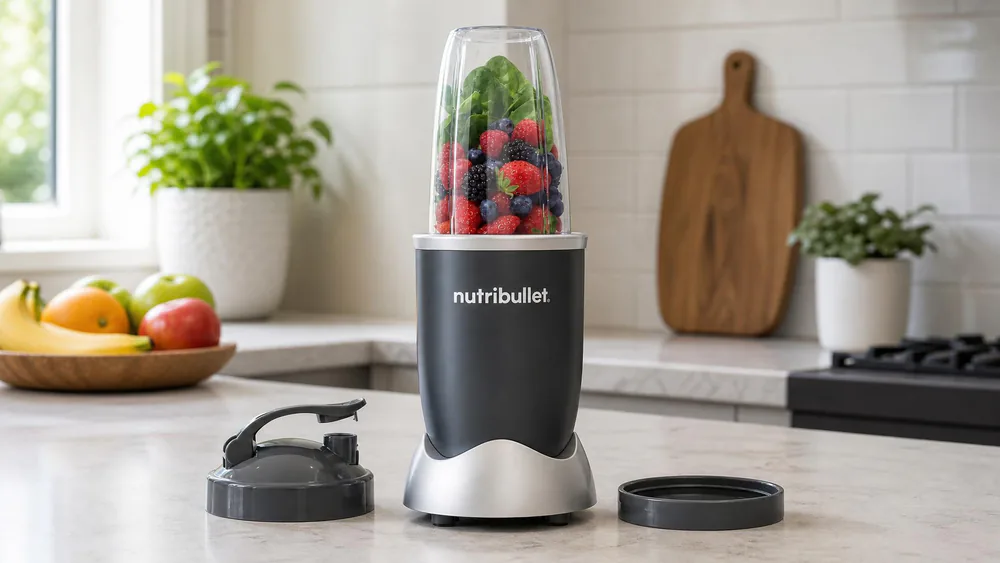 The NutriBullet 600's 24-ounce cup filled with a green smoothie on a kitchen counter, the to-go lid and lip ring beside it.