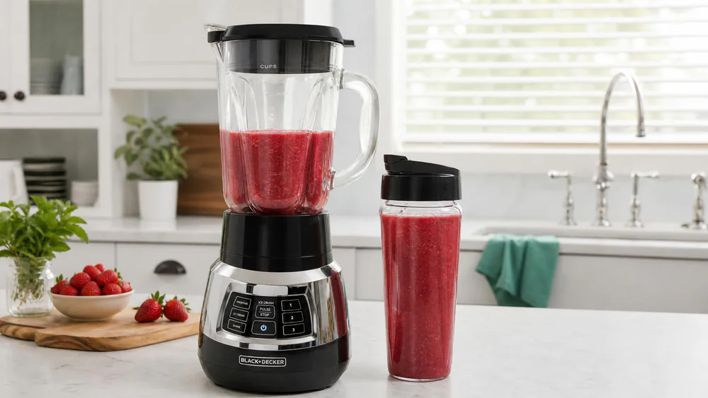 The Black+Decker Quiet Blender on a kitchen counter with its 6-cup Cyclone glass jar and the smaller 24-ounce Tritan personal jar with travel lid.