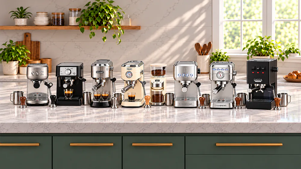 Seven budget espresso machines lined up on a kitchen counter with portafilters, tampers, and milk pitchers laid out beside each one