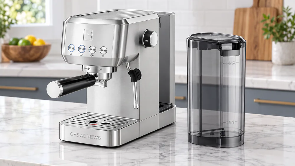 CASABREWS 3700 Essential with its large removable water tank lifted out beside the machine