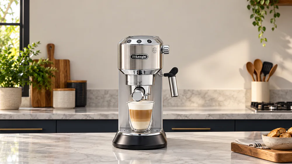 De'Longhi Dedica slim espresso machine with a tall latte glass barely fitting under the spout