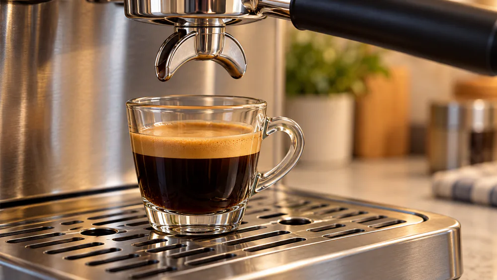 A fresh espresso shot with a layer of crema in a small glass cup beneath a portafilter spout
