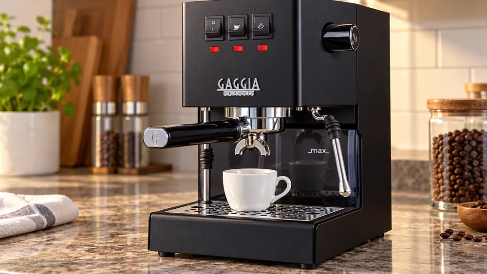 Gaggia Classic Evo Pro with a 58mm commercial portafilter locked into the group head