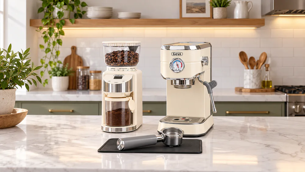 Gevi espresso machine beside its separate conical grinder, hopper full of beans, and portafilter resting on the counter