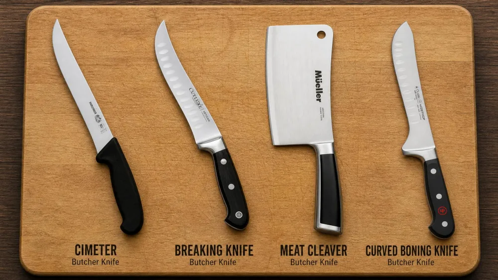 Four butcher knife blade styles side by side on a cutting board: a curved cimeter, a curved breaking knife, a meat cleaver, and a curved boning knife.