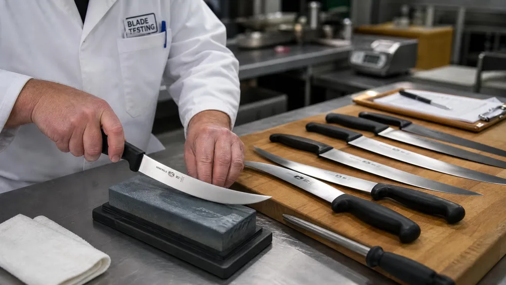 A tester checking the edge of a curved butcher knife against a whetstone in a test kitchen, with several butcher blades laid out on a cutting board.