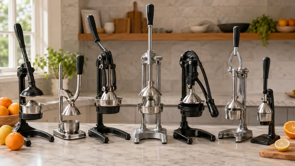 Seven cast iron citrus presses lined up on a kitchen counter.