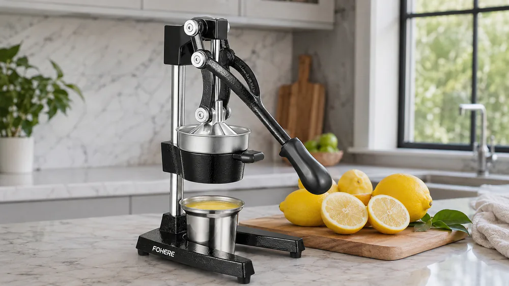 A FOHERE press with a 400ml stainless cup full of lemon juice, lemons waiting beside it.