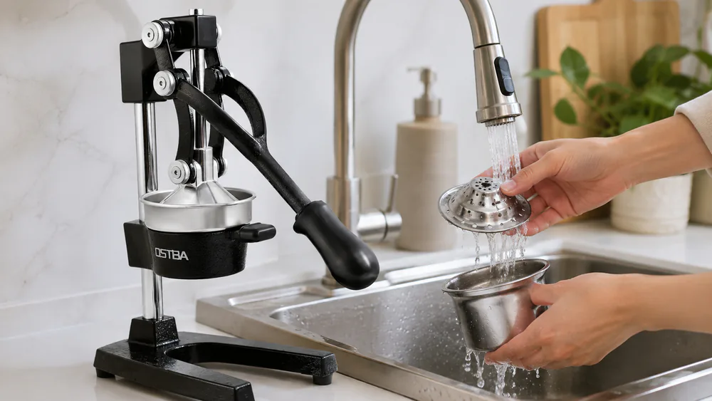 The OSTBA's removable stainless cup and built-in strainer rinsing clean under a running tap.