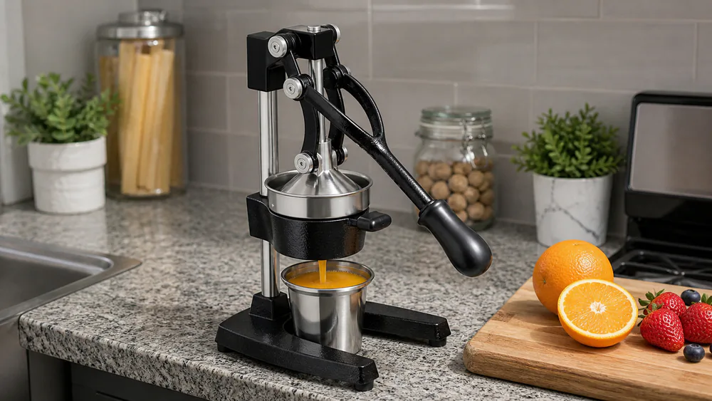 The compact TONGCHANT on a narrow kitchen counter, 15-oz stainless cup under the funnel.