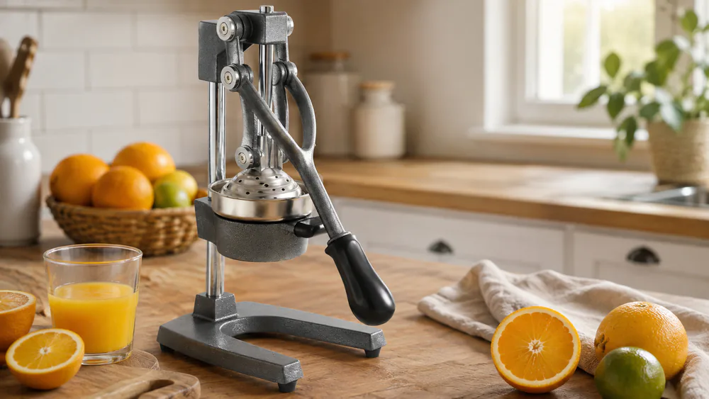 A vintage-style grey Zeluna press with its stainless cone strainer in place on a kitchen counter.