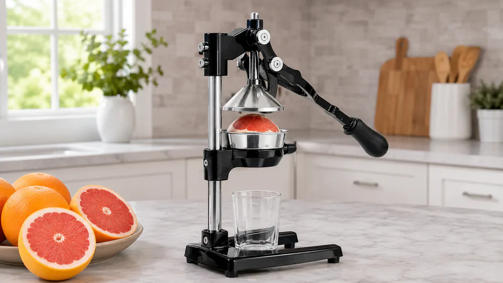 A tall Zulay press with a standard drinking glass on the base, lever raised over a grapefruit half.