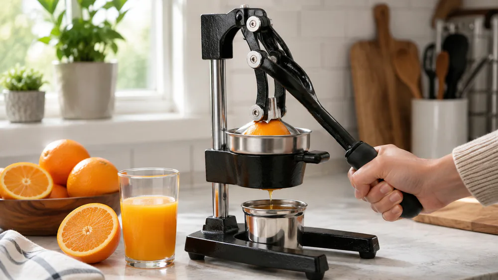 A Zulay cast iron press mid-pull, orange half on the bowl, stainless cup catching the juice below.