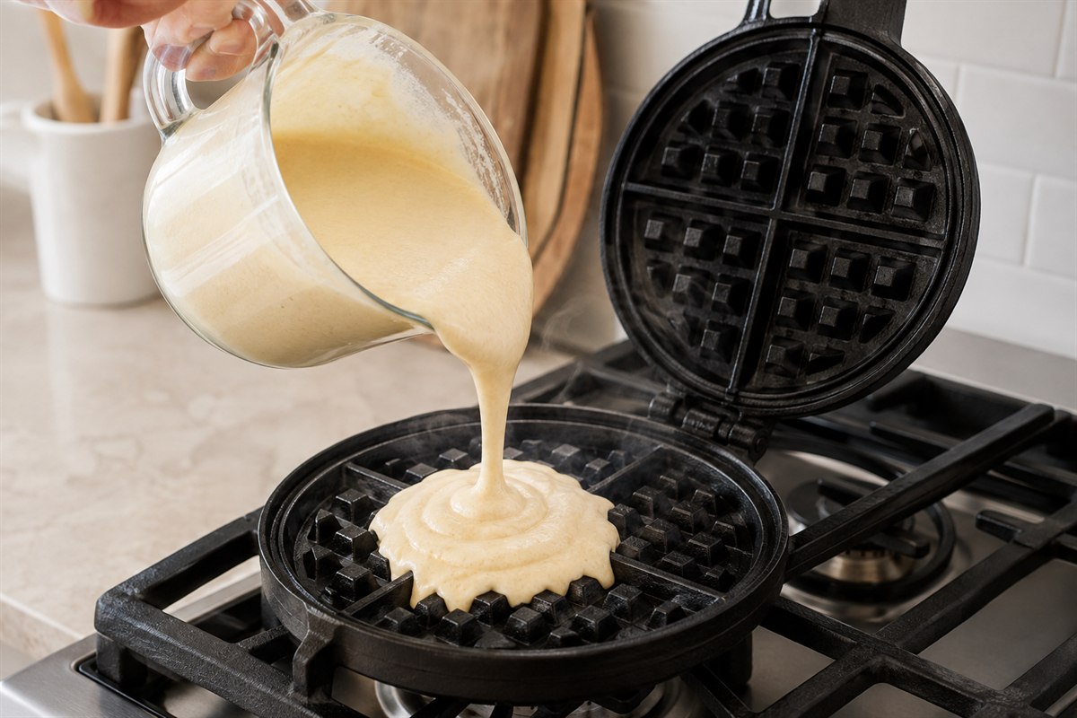 Buttermilk waffle batter being poured onto a preheated cast iron waffle plate on a gas stovetop, steam rising from the grid.