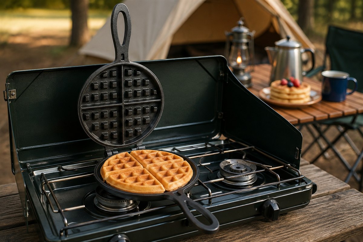 The compact HAWOK cast iron waffle maker sitting on a portable camp stove outdoors, a small round waffle browning inside.