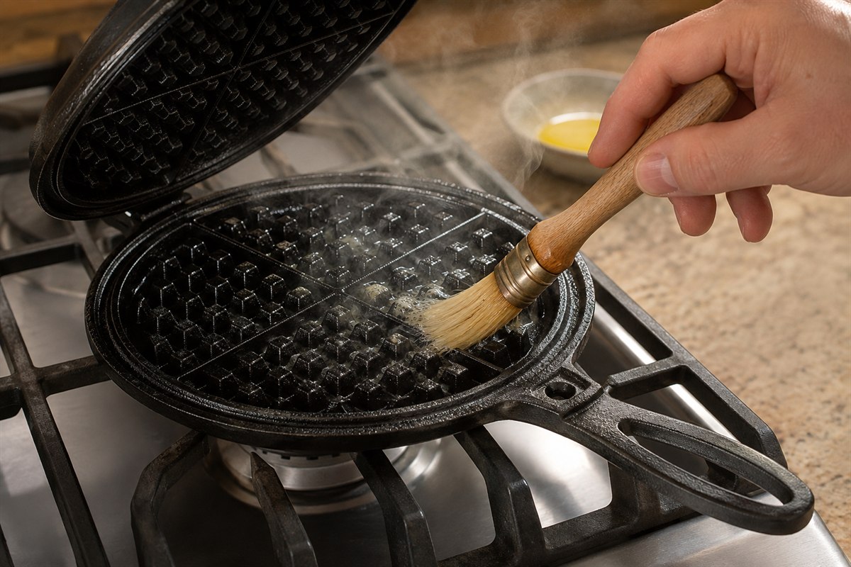 Hands brushing melted butter onto the hot open plates of a Lehmans cast iron waffle iron before pouring batter.