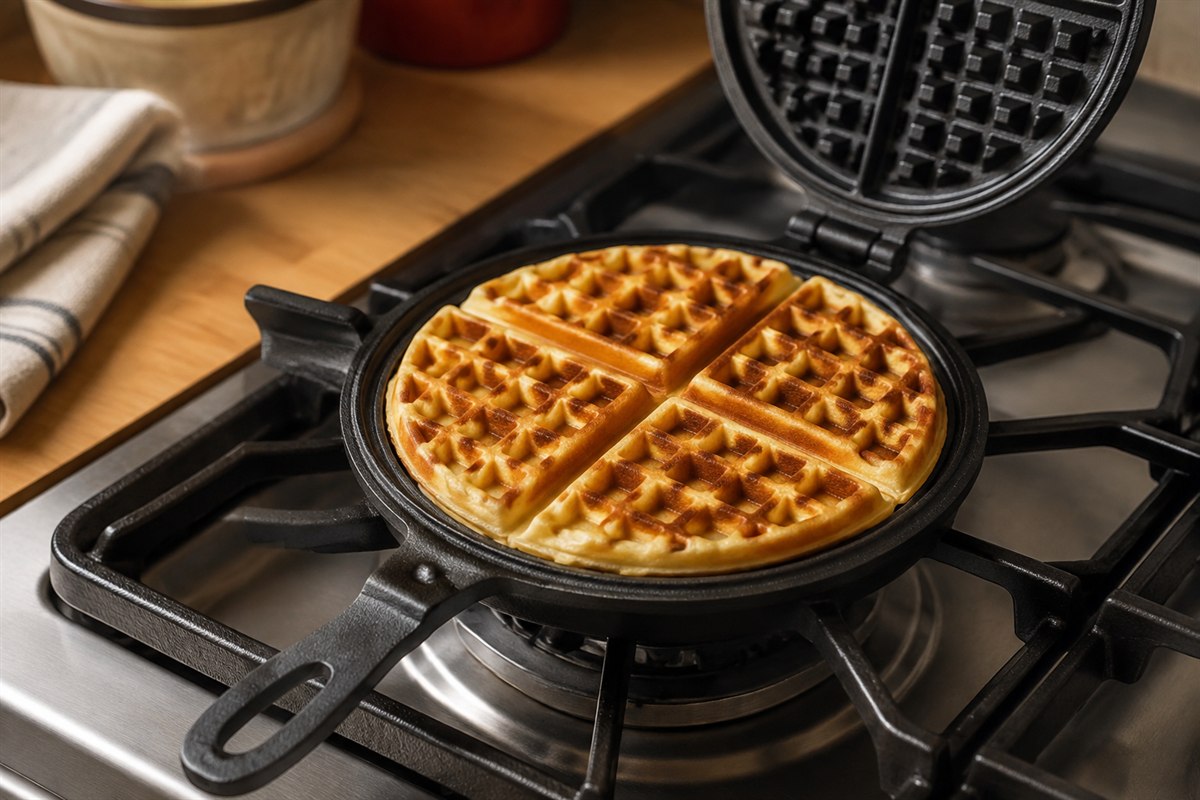 A golden four-wedge Belgian waffle resting in the open plates of a large 8-inch cast iron waffle iron, deep crisp ridges visible.