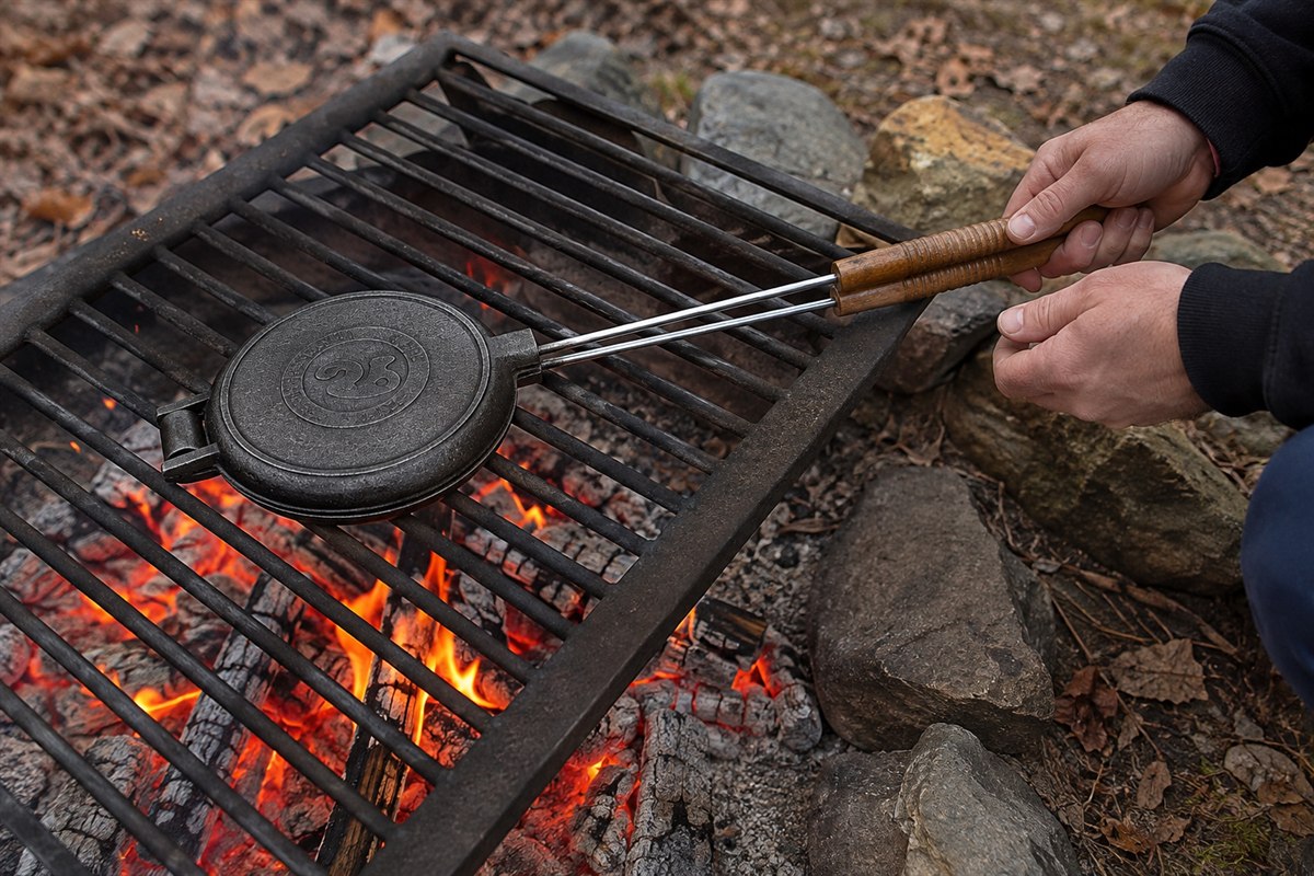 The long-handled Rome Chuckwagon cast iron waffle iron held over glowing campfire coals, wood handles extending away from the flames.
