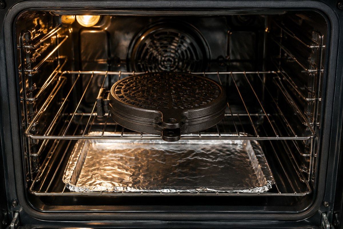 A cast iron waffle iron sitting upside down on an oven rack during a seasoning bake, plates coated in a thin sheen of oil.