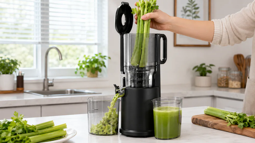 Aobosi slow masticating juicer with whole celery stalks standing in its extra-wide feed chute.