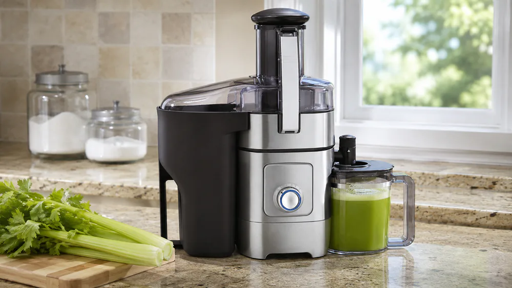 Cuisinart CJE-1000 with its 1-quart pitcher of green juice, the 5-speed dial visible.