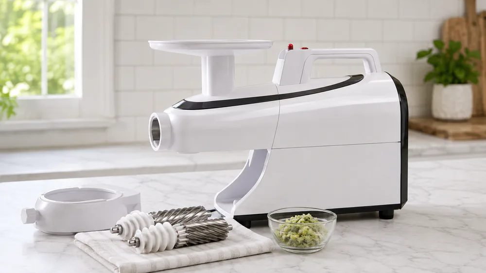 Greenstar GSE-5000 with its hood open, stainless twin gears beside dry crumbly celery pulp.