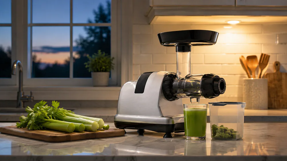 Omega J8006HDS working on a counter in early morning light, a glass of celery juice beside it.