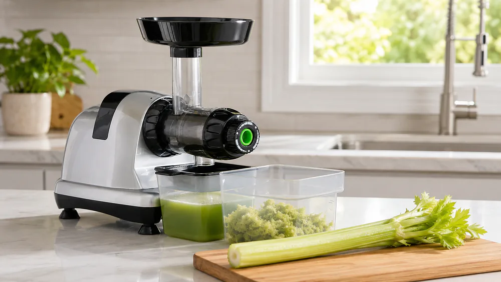 Omega MM1500 with the green celery end cap held beside it, a whole stalk ready to feed.