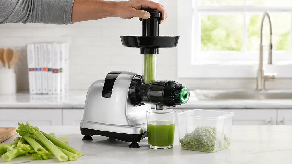 Omega MM900HDS with a whole celery stalk feeding through its large chute, green celery cap visible.