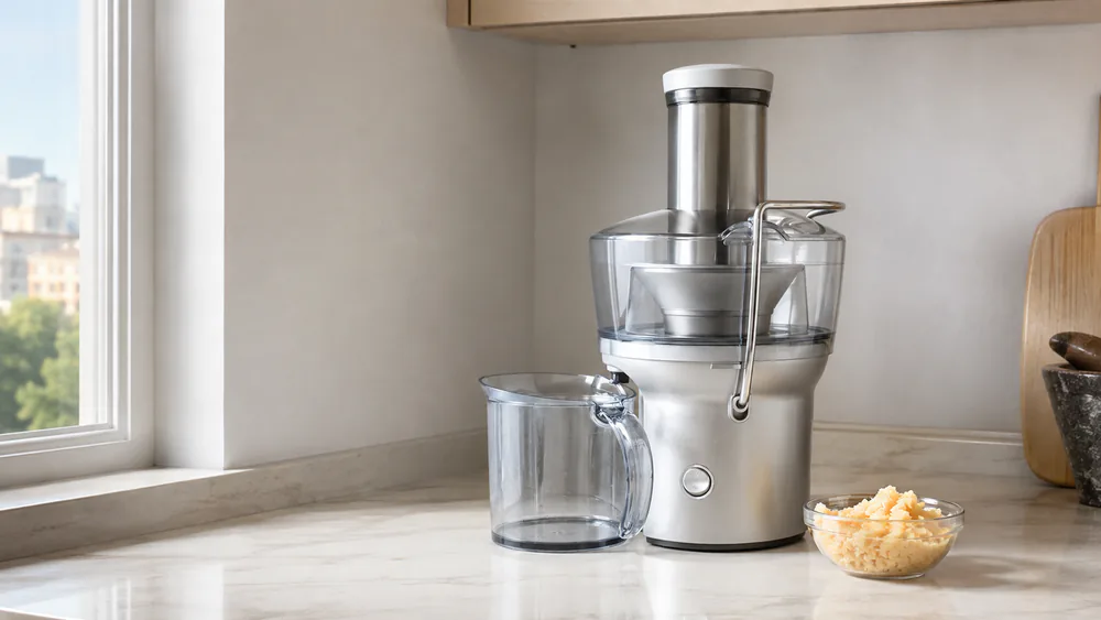 A Breville BJE200XL Juice Fountain Compact on a narrow kitchen counter with pulp collected inside its footprint