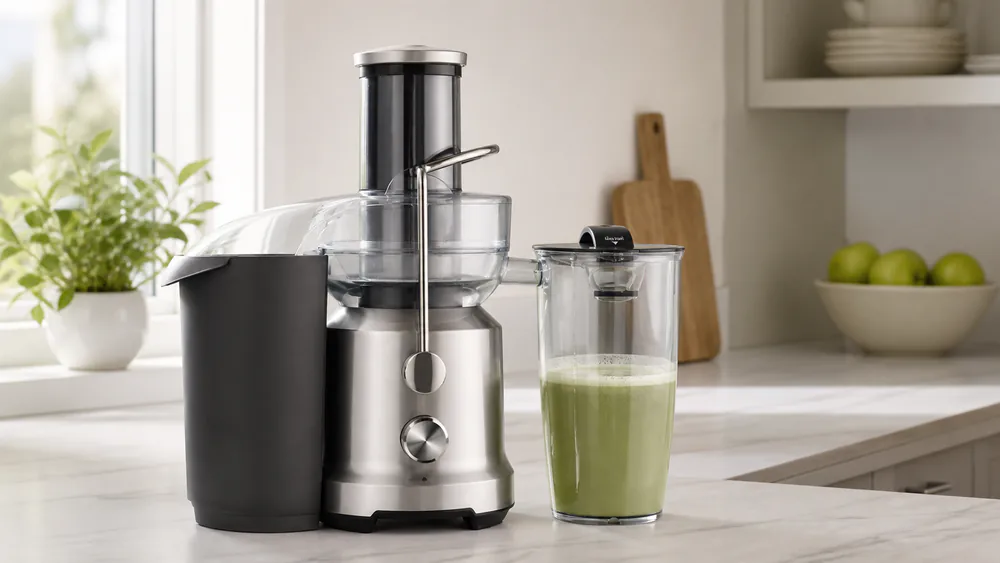 A Breville Juice Fountain Cold BJE430SIL on a counter with its 70 oz Seal and Store jug and froth separator