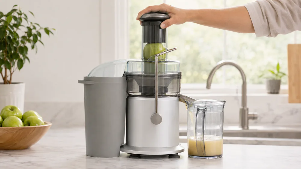 A Breville Juice Fountain Plus JE98XL juicing a whole apple through its 3-inch feed chute, the 35.2 oz froth-separator jug filling below