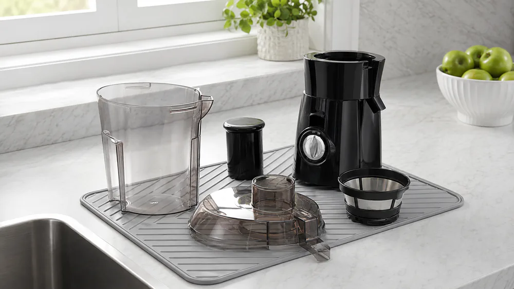 A Hamilton Beach Big Mouth Juice Extractor 67601 disassembled on a kitchen counter, removable parts ready for a rinse