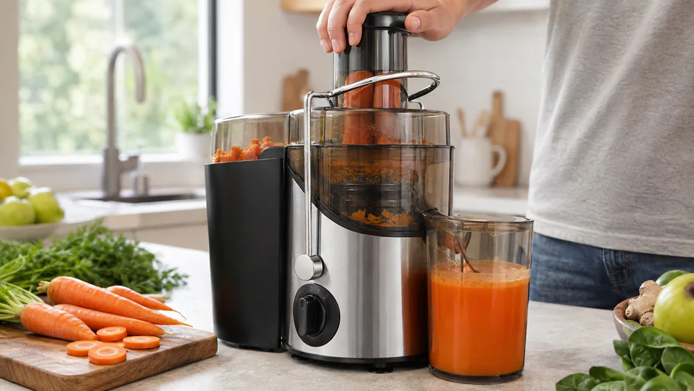A Juilist 3-inch wide mouth juicer processing carrots, its visible juicing window showing the basket at work