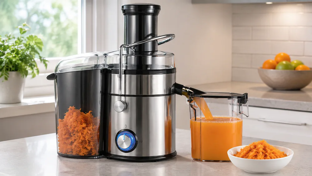 A KOIOS 1300W centrifugal juicer beside its 100 oz pulp container holding bone-dry carrot pulp
