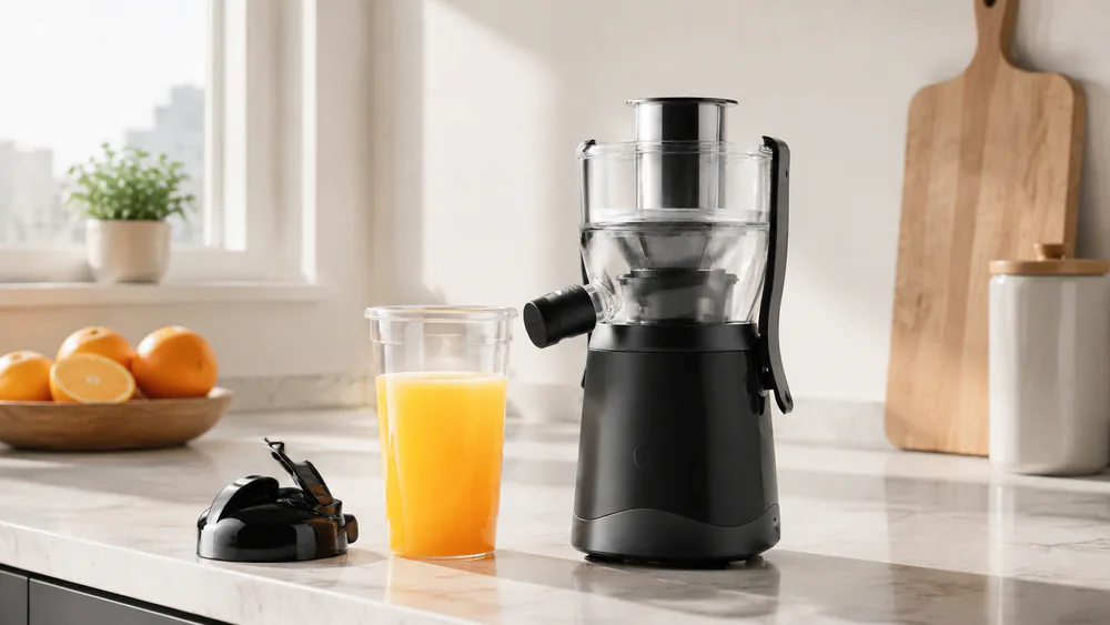 A Magic Bullet Mini Juicer on a small kitchen counter with its 16 oz cup and twist-on to-go lid attached